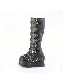 Black Metal Punk Combination Long Boots Cool Platform Height-Enhancing Knee-High Botines Zipper Buckle Leggings Botas - 黑色 - 查看 6