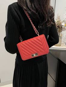 Hevel, nueva bolsa de hombro mini de moda de unicolor con relieve de PU, bolso bandolera de calle, bolso cuadrado pequeño minimalista de mujer con cadena - Rojo - Ver 6