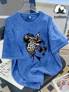 Women's Summer Washed Loose Fit Casual Short Sleeve T-Shirt With Leopard Print Headband + Fashion Glasses Graphic Print, For Daily Outings/Home/Gifting - 寶藍色 - 查看 7