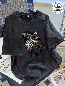 Women's Summer Washed Loose Fit Casual Short Sleeve T-Shirt With Leopard Print Headband + Fashion Glasses Graphic Print, For Daily Outings/Home/Giftin - 黑色 - 查看 1