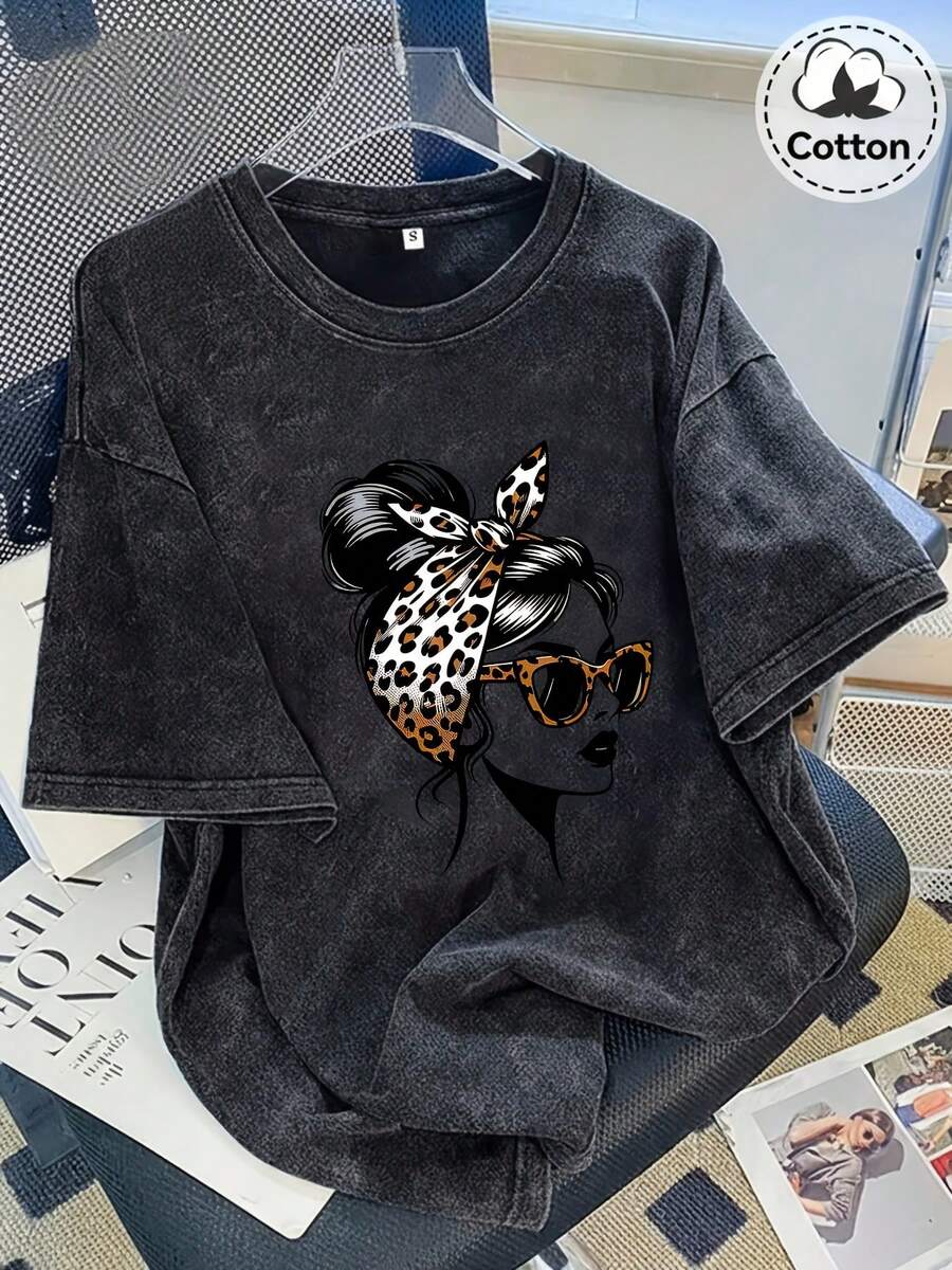 Women's Summer Washed Loose Fit Casual Short Sleeve T-Shirt With Leopard Print Headband + Fashion Glasses Graphic Print, For Daily Outings/Home/Giftin - 黑色 - 查看 1
