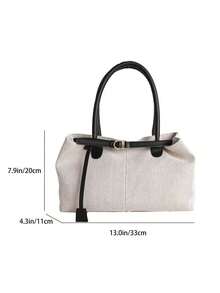 1 pieza Bolso de tela tipo tote color caqui, nuevo diseño con decoración de correa, gran capacidad, patchwork de ante sintético, bolso de hombro para mujer - Negro - Ver 5