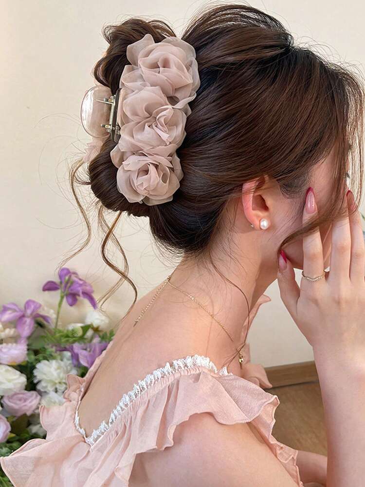 1个女士纯色3D褶皱网纱玫瑰花发夹，适合日常佩戴和派对场合 - 彩色 - 查看 1