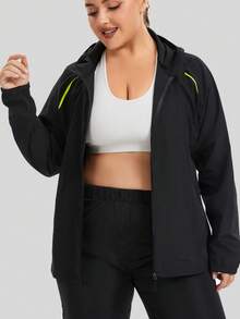 Chaqueta cortavientos e impermeable para mujer de talla grande (1 pieza), cortavientos ligero e impermeable con capucha, mangas largas, bolsillos con cremallera, ideal para deportes. - Negro - Ver 3