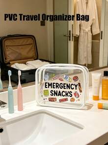 Emergency Snack' Letter Print PVC Cosmetic Bag, Zipper Sealed PVC Travel Organizer Pouch, Lightweight & Durable, Suitable For Women & Girls' Cosmetics & Toiletries, TSA Approved Portable Makeup Case, Easy To Wipe And Clean, Ideal Gift For Mothers, Teachers, Friends And Nurses - 彩色 - 查看 7