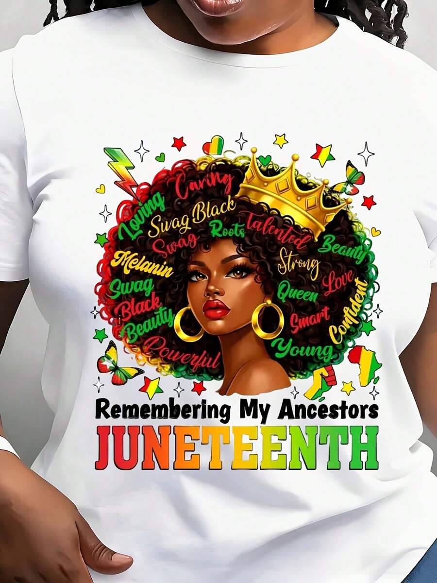 Juneteenth Remembering My Ancestors Women's T-Shirt Casual Crew Neck Short Sleeve Celebrating Black Heritage And Pride With Vibrant Design Featuring Crown And Afro Artwork Perfect For Everyday Wear And Cultural Events - 白色 - 查看 1