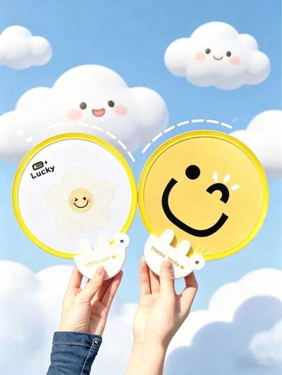2 quạt cầm tay gấp gọn, quạt cầm tay hình mặt cười có túi đựng, quà tặng mùa hè, quạt mini tròn di động, 2 kiểu dáng, thiết kế dễ thương, phụ kiện làm mát ngoài trời mùa hè, thích hợp làm quà tặng cho phù dâu, trang trí đám cưới.