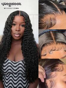 MEGALOOK 13x4x1 Jerry 卷曲蕾丝假发，100% 真人发丝，自然黑色，10-30 英寸，预漂白预拔毛，自然发际线，适合新手，适合女性，可用于假日派对、商务会议、节日季、服装派对、冬季假期、毕业典礼、婚礼、万圣节装扮以及日常派对。 - SNatural - 查看 2