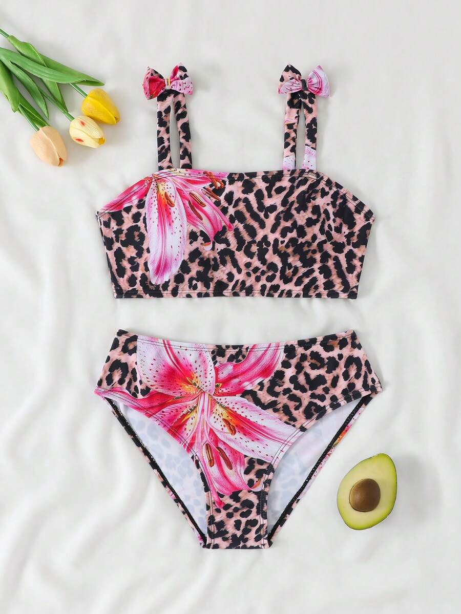 Bộ đồ bơi 2 mảnh cho bé gái tuổi teen, chất liệu vải dệt kim họa tiết da báo, thiết kế nơ, thời trang và kín đáo, phù hợp cho mùa hè, đi biển và bơi lội. - Nhiều màu - Xem 1