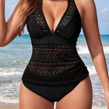Swim Lushoire Women's Hollow Out Simple Halter Neck Tankini For Daily Wear Summer - Negro - Ver 3