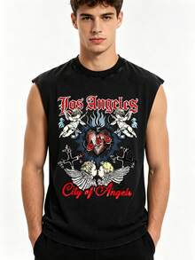 Mens Clothes Sleeveless Tops Men Los Angeles City Of Angels Graphic Tank Top - Y2K Streetwear Muscle Shirts For Men Vest, Summer Outfits Casual Tops With Cherub Heart Print - 黑色 - 查看 1