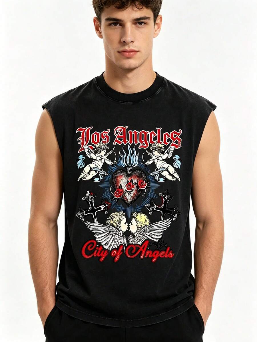 Mens Clothes Sleeveless Tops Men Los Angeles City Of Angels Graphic Tank Top - Y2K Streetwear Muscle Shirts For Men Vest, Summer Outfits Casual Tops With Cherub Heart Print - 黑色 - 查看 1