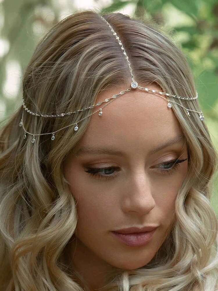 1pc Luxury Bride Multilayer Rhinestone Tassel Headchain, Minimalist Bohemian Bridal Hair Accessories - Silver - View 1
