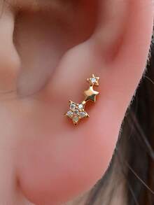 1pc Cubic Zirconia Star Hypoallergenic Cartilage Stud Earring For Women, Spiral Helix Standard Top Upper Lobe Conch Flat Ear Stud, Threaded Back, 20G Piercing Jewelry - A Pair Of Round Star  Earrings - View 8