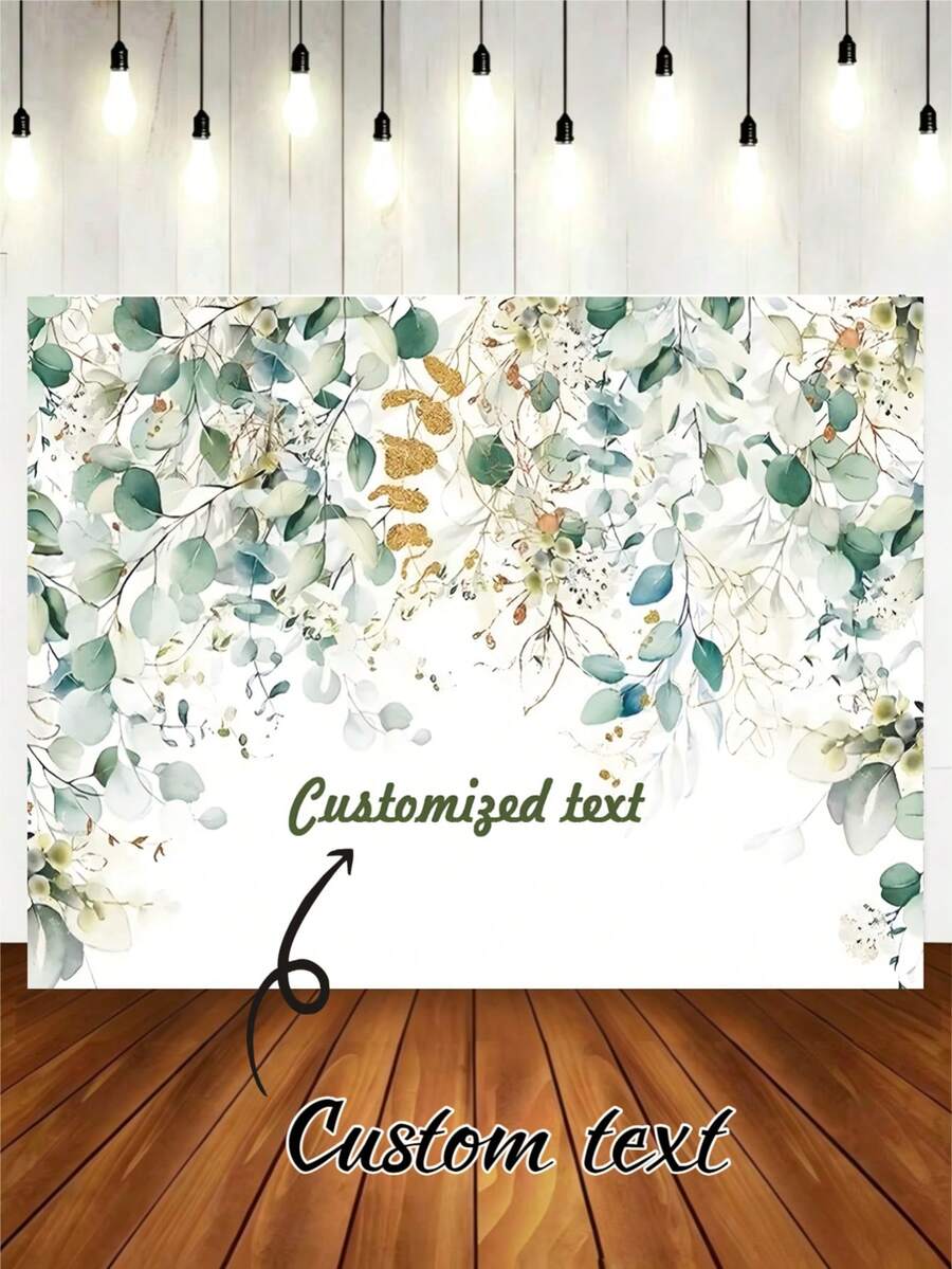 Customizable Text Banner, Light Green Eucalyptus Leaf Background, Gold Glitter Accents, Suitable For Wedding, Birthday, Christening, Baby Shower And Portrait Photography Backdrop. Vinyl Material. - Multicolor - View 1