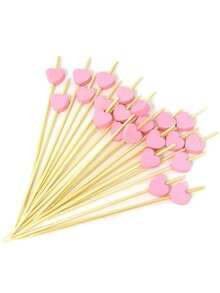 100根竹制心形烤串签，适用于开胃菜、三明治和水果 - 迷人的粉色心形派对装饰和餐饮服务用品 - 粉色 - 查看 5