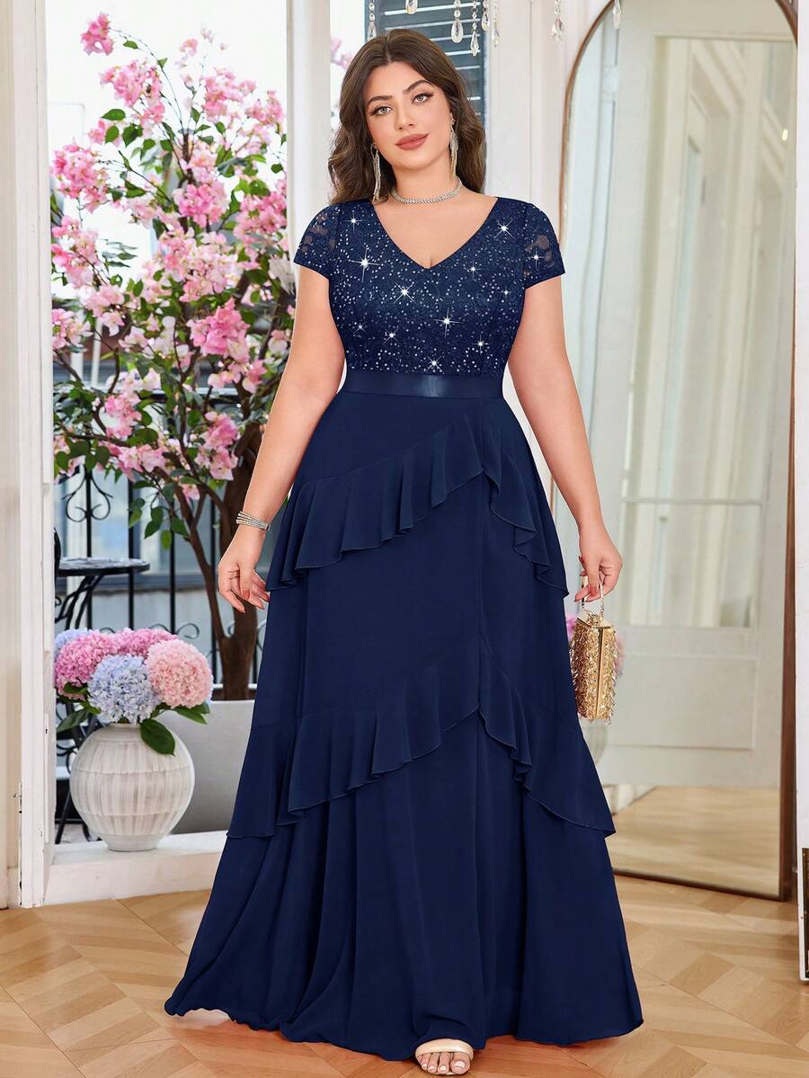 Đầm dạ hội chiffon cổ chữ V đính sequin, ren hoa, phối ren, viền bèo nhún, sang trọng, thích hợp cho tiệc sinh nhật, tiệc chiêu đãi, lễ tốt nghiệp, các ngày lễ mùa xuân. - Màu xanh hải quân - Xem 1