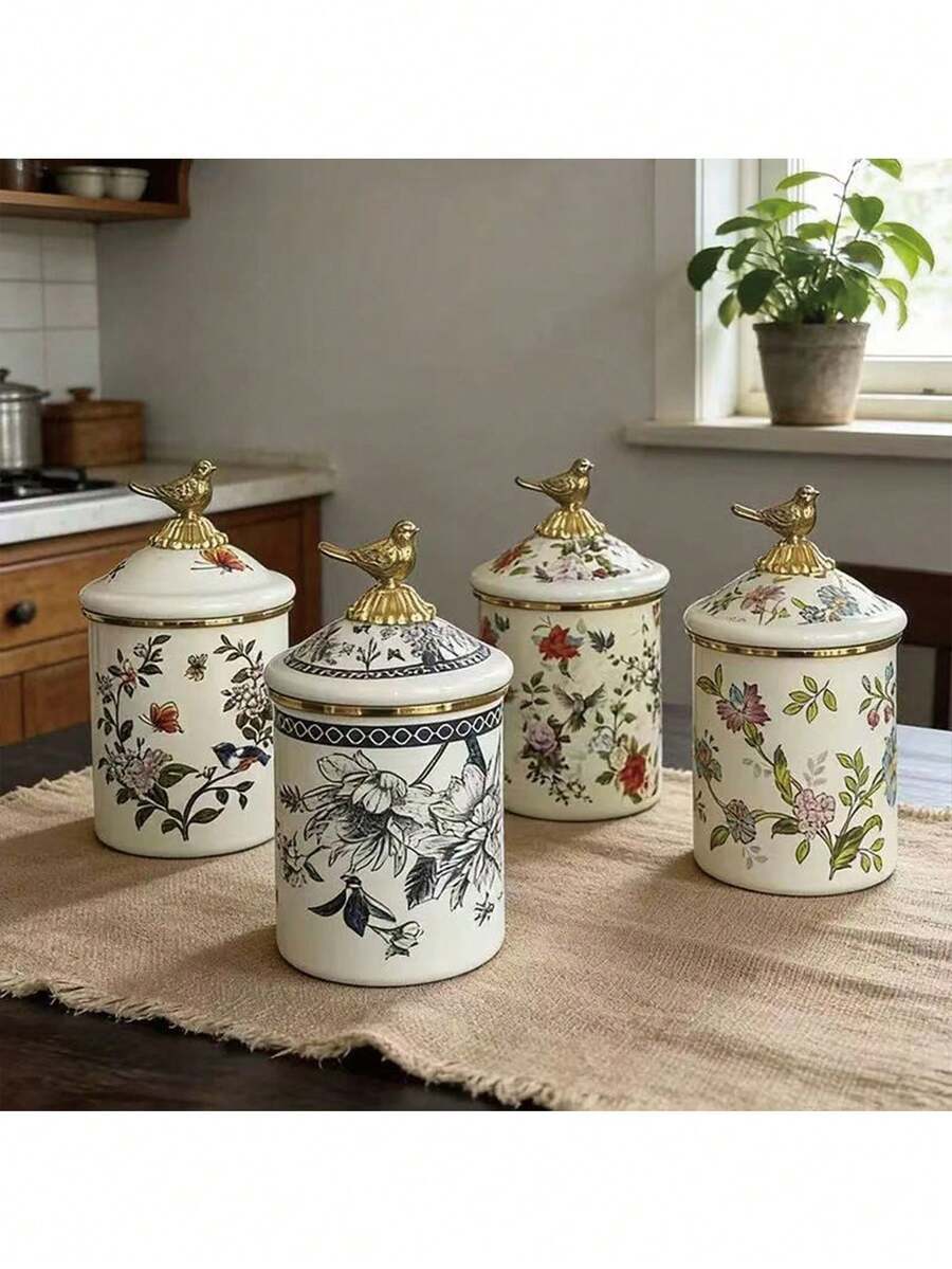 1 Set 850ml Enamel Storage Jars, Luxury Style With Lids - Suitable For Home And Office Use, Great For Storing Tea Leaves, Coffee Beans, Daily Necessities; Perfect Gift For Elders And Relatives - Multicolor - View 1