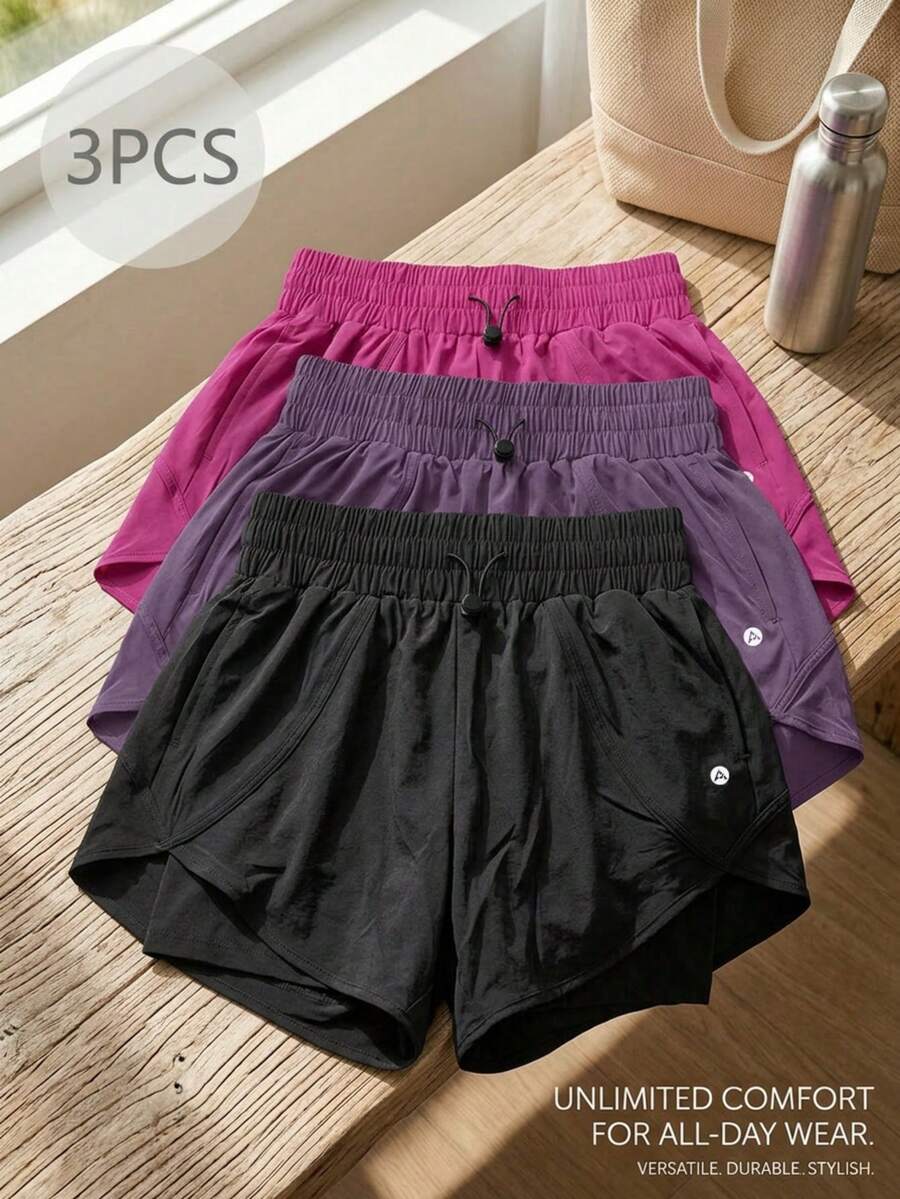 3件套女士二合一速干运动短裤，带衬里设计，轻便休闲夏季运动短裤，适合瑜伽、健身、跑步、室内外运动 - 黑色 - 查看 1