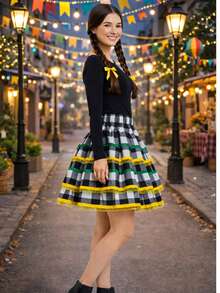 June Festival Skirt, Adult/Youth Cup, Countryside Checkered, Round Square Dance, Saint John's Day, Ruffles, Luxury - 黃色 - 查看 3