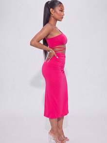 Women's Sexy One Shoulder Crop Top With Criss Cross Detail And Ruched Split Thigh Midi Skirt Two Piece Set Comfortable Knitted Fabric For Casual Or Party Wear - Fuchsia - View 2