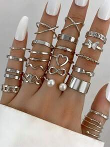 Bộ 22 chiếc nhẫn xếp chồng phong cách Bohemian, gồm các nhẫn hình trái tim, ngọc trai, bướm và biểu tượng vô cực. - Bạc - Xem 3