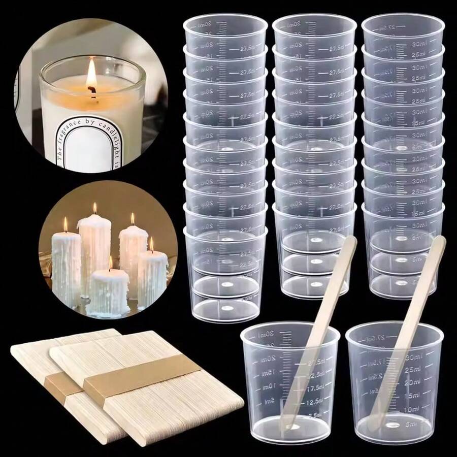 30毫升/1盎司塑料量杯，透明刻度杯，5/10/20个装透明环氧树脂混合杯，配5/10/20根木制搅拌棒，用于树脂、环氧树脂、染色剂、油漆混合（5+5、10+10、20+20） - 數量 - 查看 1