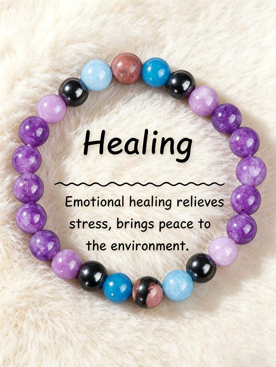 YAUKIA Braccialetto curativo in pietra naturale, braccialetto di perline in ametista, acquamarina ed ematite, porta fortuna, porta abbondanza, ricchezza e prosperità, gioiello elastico, yoga e meditazione per donne e uomini - Multicolore - Visualizzare 1