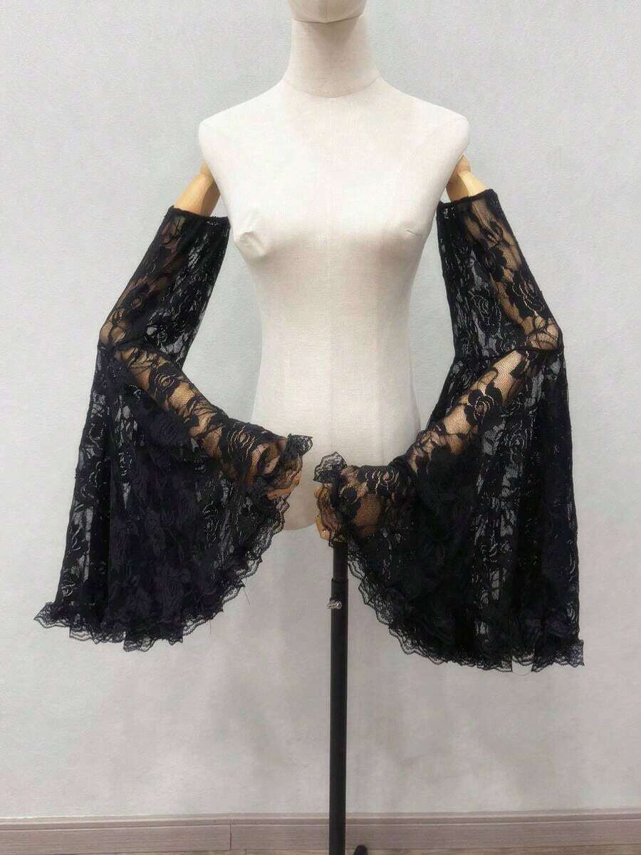 1pc Black Lace Puff Sleeve Lace Trim Dark Gothic Bride Sleeve Decor Set Autumn Accessories - 黑色 - 查看 1