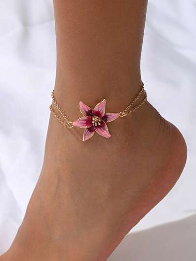 1pc Bohemian Style Pink Flower Decorated Anklet, Fashionable Holiday Floral Foot Jewelry Suitable For Women's Daily Wear, Dating, Photo Shooting, Beach