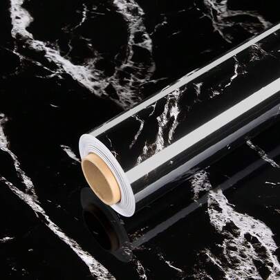 1 rollo de papel de contacto de mármol brillante, adecuado para encimeras, papel tapiz despegable y pegajoso, autoadhesivo, vinilo desmontable e impermeable, adecuado para gabinetes de cocina, muebles a prueba de salpicaduras, negro