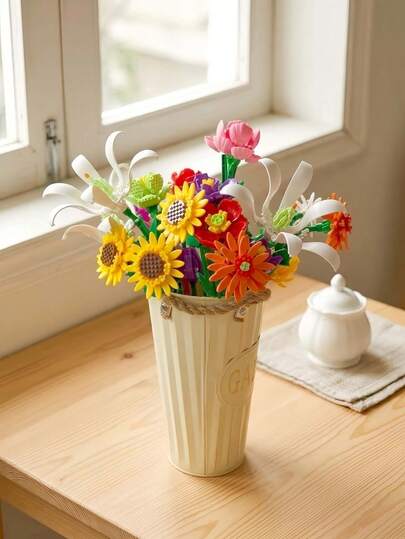 1 set de 10 blocs de construction de fleurs, série de fleurs DIY comprenant tournesol, fleur bella, œillet, arbre de coton, marguerite d'Afrique, fleurs artificielles, décoration de maison, décoration de bureau, activité anti-stress, cadeau d'anniversaire, contient plus de 1000 pièces