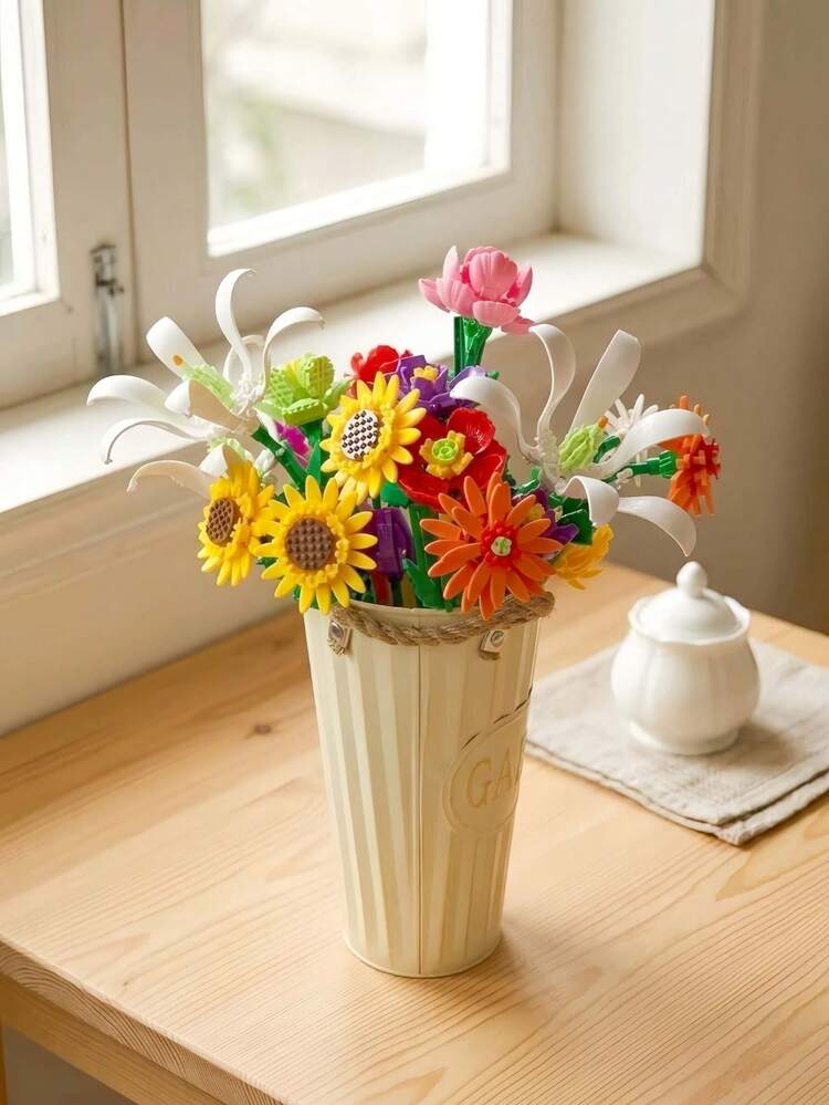 一套10款花朵积木，DIY花朵系列积木，包括向日葵、贝拉花、康乃馨、棉花树、非洲雏菊，仿真花，家居装饰，桌面摆件，减压活动，生日礼物，包含超过1000块积木 - 彩色 - 查看 11