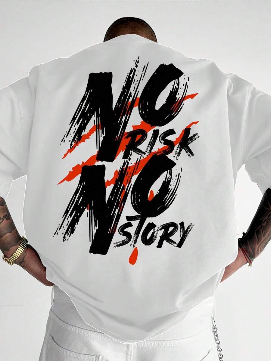 NO RISK NO Men's Streetwear Graphic T-Shirt - Bold Letter Print, Loose Fit, Casual Tee, Vibrant Purple, Summer Short Sleeve, Crew Neck, Machine Washable, Streetwear Fashion | Cool Design T-Shirt | Lilac Graphic Shirt - 白色 - 查看 1
