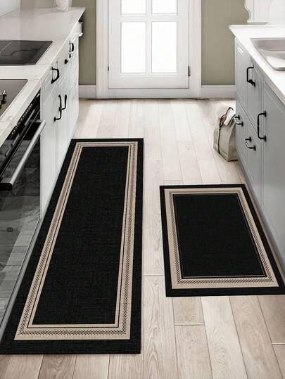 1pc Black Minimalist Pattern Kitchen Mat, Beige Trim, Non-Slip, Suitable For Room Decor, Living Room, Bathroom, Bedroom Carpet, Doormat, Area Rug And Outdoor Rug. Made Of Polyester Fiber, Easy To Clean, Machine Washable, Suitable For All Seasons And Holidays.