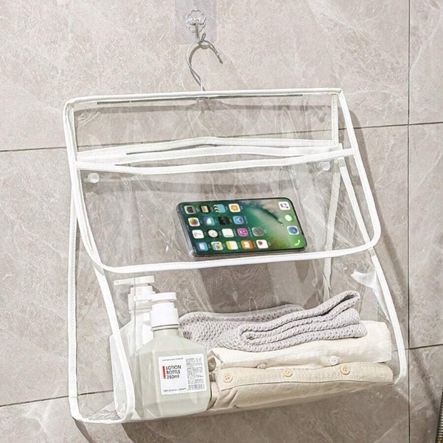 1PC/2pcs Large Transparent Hanging Clothes Bag For Bathroom, Swimming Pool, Travel, Dormitory Essentials, Waterproof Shower Storage Bag For Toiletries And Clothes, Black And White