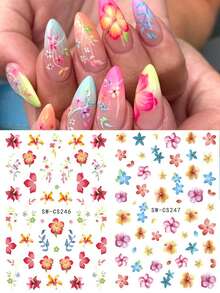 SWEET TREND 3D熱帶花瓣美甲貼紙 2片裝 紅粉色扶桑花葉藤蔓 鮮豔春夏花卉印花設計 DIY Y2K復古時尚 自黏式凝膠指甲貼花美甲裝飾 - 彩色 - 查看 9