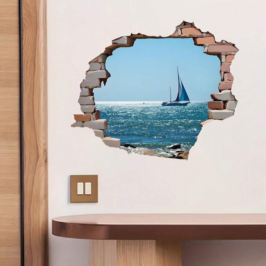 1pc 3D Visual Effect Broken Wall Seascape Sailboat Wall Sticker, High-Quality Flat Printing, Self-Adhesive Ocean Scenery Decor Sticker, Suitable For Living Room Bedroom Wall, Creative Wallpaper - Wall Stickers - View 1