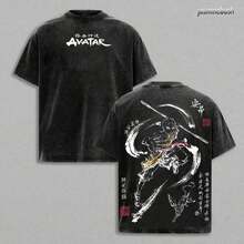 Aang Shirt,  Shirt, Animated Shirt, Vintage T-Shirt Menswear Top Underwear Tshirt The Last Air Nomad - The  Anime Double Printed Washed Tee Unisex Oversize Anime Mangasummer Outfits For Womenanime Shirts - màu đen - Xem 1