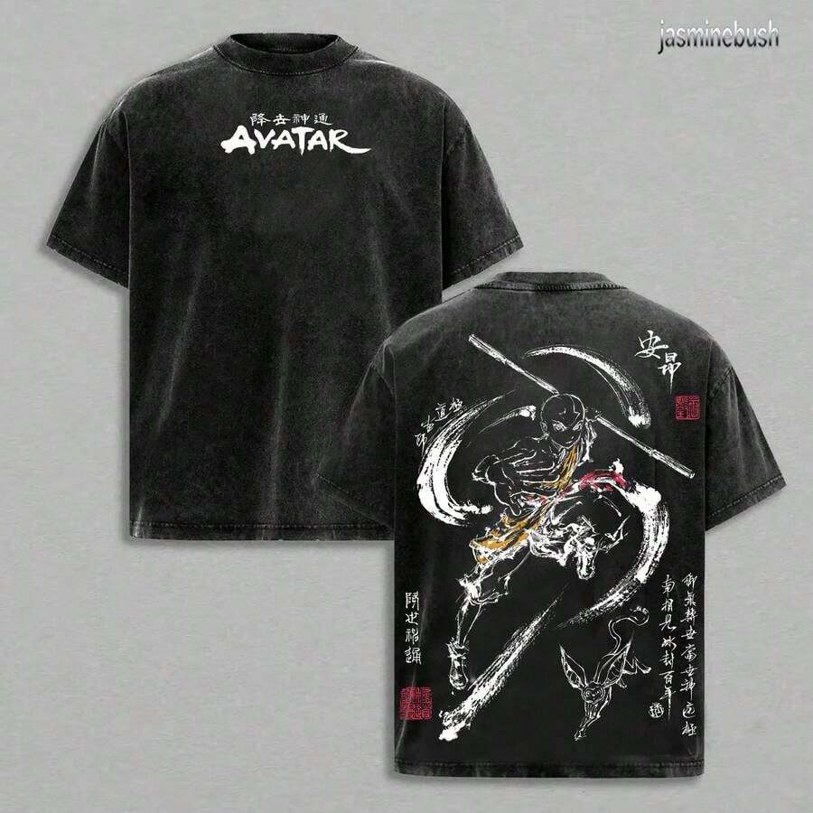 Aang Shirt, Shirt, Animated Shirt, Vintage T-Shirt Menswear Top Underwear Tshirt The Last Air Nomad - The Anime Double Printed Washed Tee Unisex Oversize Anime Mangasummer Outfits For Womenanime Shirts - màu đen - Xem 1