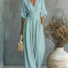 2026 New Women's Linen-Blend Jumpsuit, Deep V-Neck Half-Sleeve Belt Wide-Leg Pants, Elegant Casual Jumpsuit With Pockets, Suitable For Daily Wear In Summer Vacation - 孔雀藍 - 查看 1