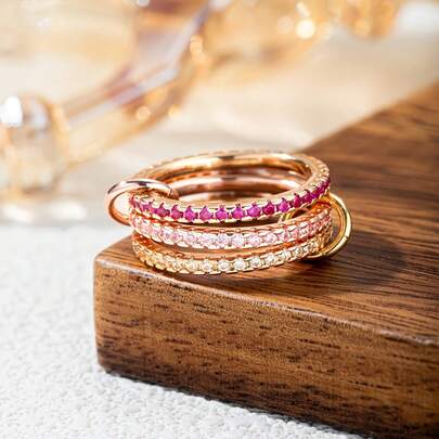Nhẫn hợp kim đồng nhiều lớp, điều chỉnh được, nhiều màu sắc, đính đá Cubic Zirconia cao cấp, thiết kế riêng theo yêu cầu của phụ nữ.