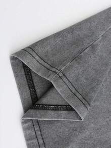 Men's 2PCS BUUTIAN Vintage Wash Solid Color T-Shirt & Denim Shorts Set, Multiple Color Combinations Available, Oversized Streetwear Casual Summer Joggermate Outfit, 90s Retro Casual Loungewear - Grey - View 6