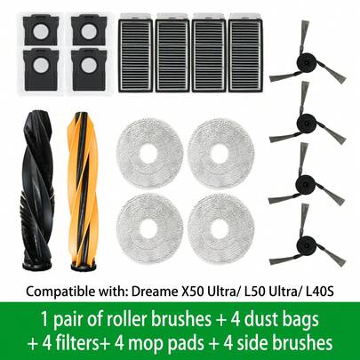 适用于 DreameX50 Ultra/L50 Ultra/L40S 的替换零件，包括吸尘器配件、主刷、过滤器、拖布、集尘袋和边刷。