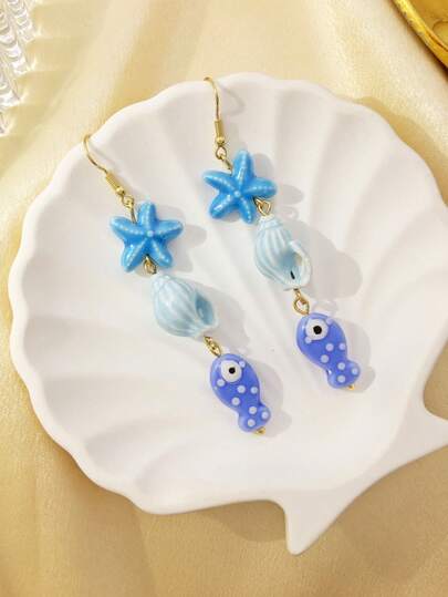 1 par de pendientes de mujer con colgantes de estrella de mar, concha y pez pequeño, con estilo bohemio y de playa