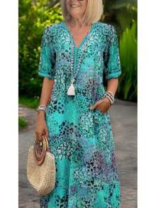 New European American Fashion Printed Lace Trimmed V Neck Short Sleeve Dress - 藍色 - 查看 4