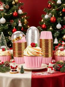 30/50Pcs Pink & Gold Cupcake Liners With Lids Premium Round Aluminum Foil Baking Cups, Heat Resistant And Durable. Elegant Pink And Gold Design Fits Muffins, Cheesecakes And Brownies Perfectly. Great For Birthdays, Christmas, Halloween, Autumn & Pumpkin Themed Parties, Ideal For Daily Baking And Festive Dessert Decoration. - Multicolor - View 4