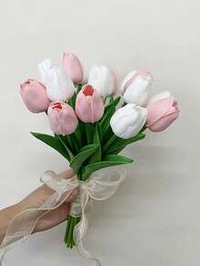 Textura realista, adecuada para novia/dama de honor de boda, ramo de novia artificial de tulipanes blancos y rosa caramelo hechos a mano, accesorios de boda, decoración para el hogar, fiesta de boda, Día de San Valentín - Blanco - Ver 11