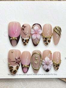 10pcs French Leopard Print Almond Shaped 3D Carved Glamorous Y2K Metallic Gilded Studded Handmade Press-On Nail Tips Nails Handmade Press On Nails - S - 查看 1
