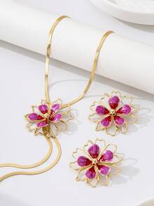 Bộ trang sức thời trang gồm dây chuyền và bông tai hình hoa nhỏ giọt dành cho nữ. - bộ hoa - Xem 6